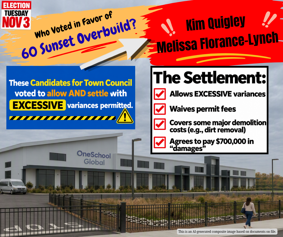 Election flyer for Tuesday, November 3. It asks who voted in favor of the 60 Sunset overbuild and names Kim Quigley and Melissa Florance-Lynch. A panel titled The Settlement says the approval allows excessive variances, waives permit fees, covers some major demolition costs, and agrees to pay $700,000 in damages. The background shows a OneSchool Global building. The flyer says it is an AI-generated composite image based on documents on file.